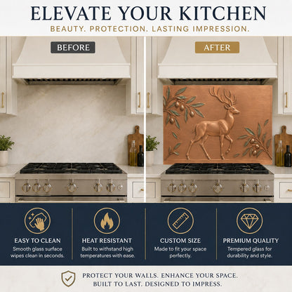 Nature themed tempered glass backsplash protecting a kitchen sink wall