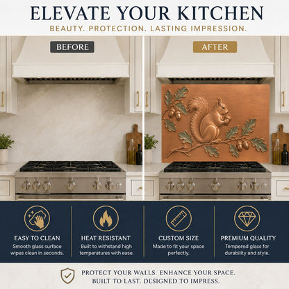 Rustic country kitchen featuring a squirrel glass backsplash panel behind a large double farm sink.