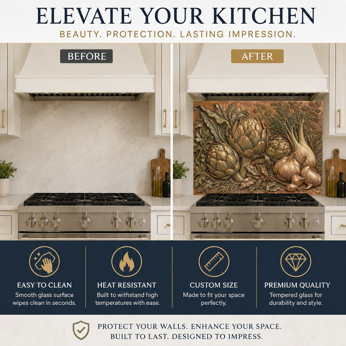 Farmhouse style artichoke and garlic glass backsplash behind a kitchen sink
