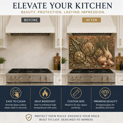 Farmhouse style artichoke and garlic glass backsplash behind a kitchen sink