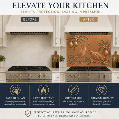 Citrus Quail glass backsplash protecting a kitchen sink wall