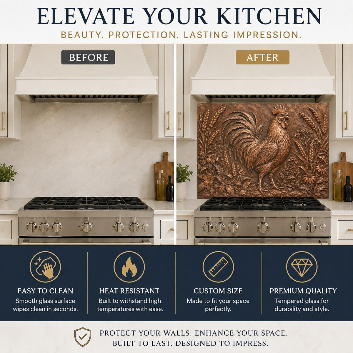 Rustic rooster kitchen glass panel mounted on the sink wall