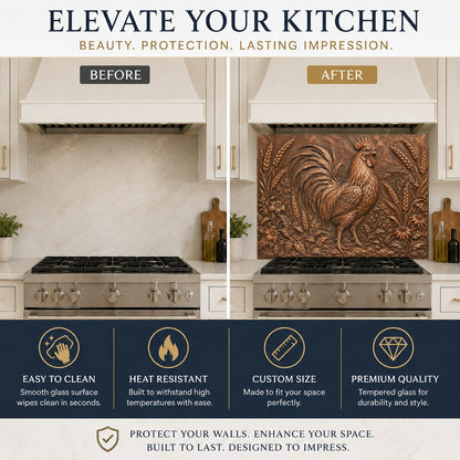 Rustic rooster kitchen glass panel mounted on the sink wall