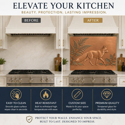 Earthy kitchen scene featuring a botanical fox glass backsplash protector on the wall behind a white sink.