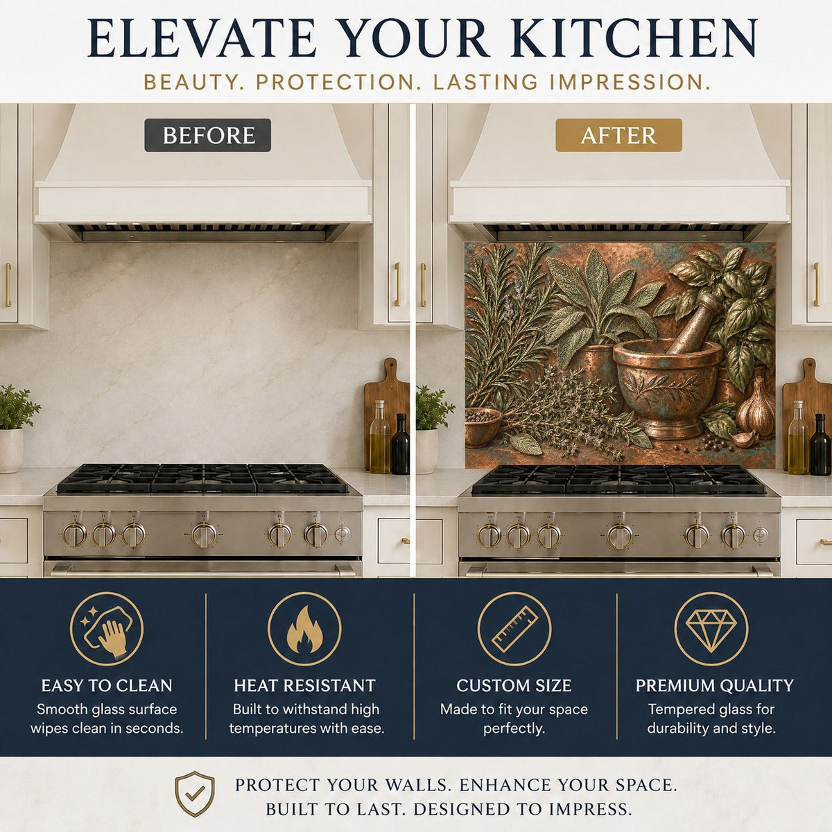 Herb mortar design glass splash guard protecting the kitchen sink wall