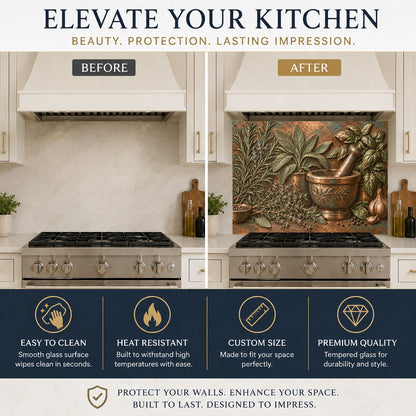 Herb mortar design glass splash guard protecting the kitchen sink wall
