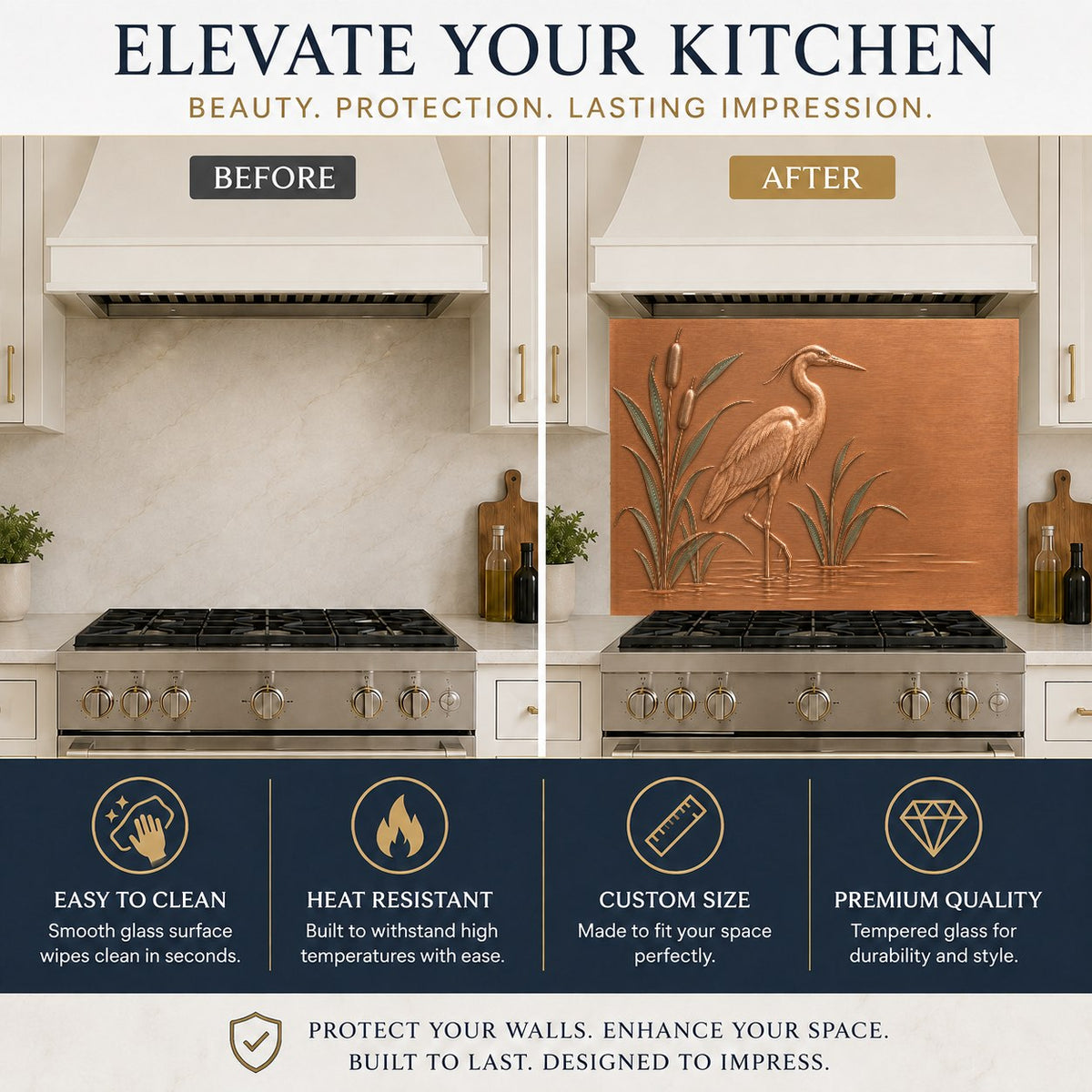 Elegant heron marsh kitchen glass backsplash protecting the sink wall