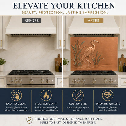 Elegant heron marsh kitchen glass backsplash protecting the sink wall