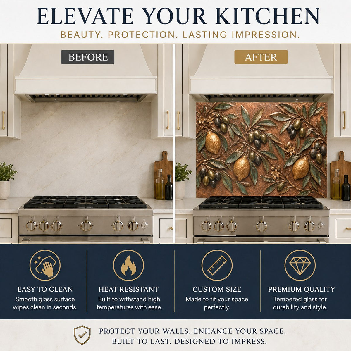 Mediterranean fruit glass backsplash panel mounted on the wall above a kitchen sink