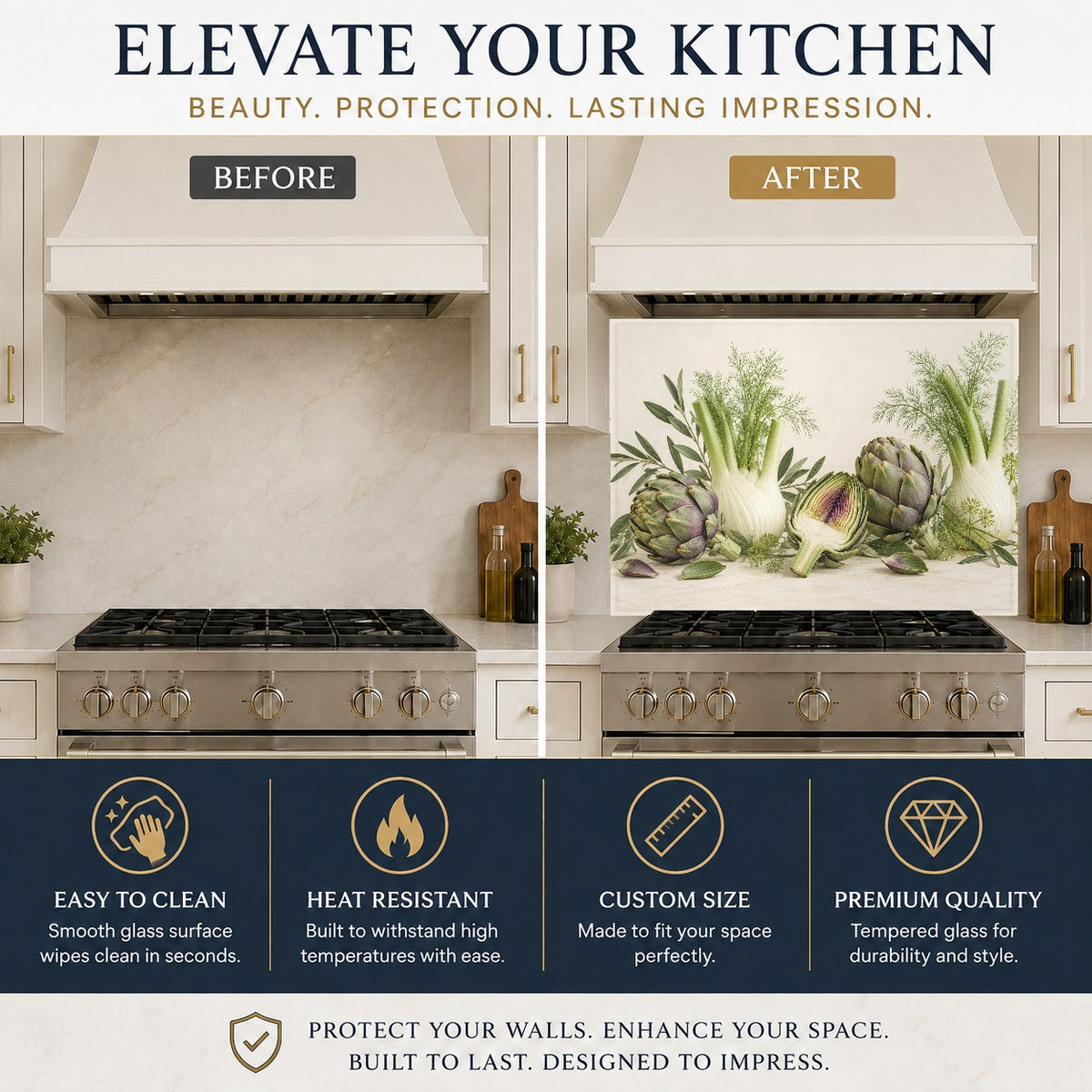 Artichoke Fennel glass backsplash mounted on a modern white kitchen sink wall