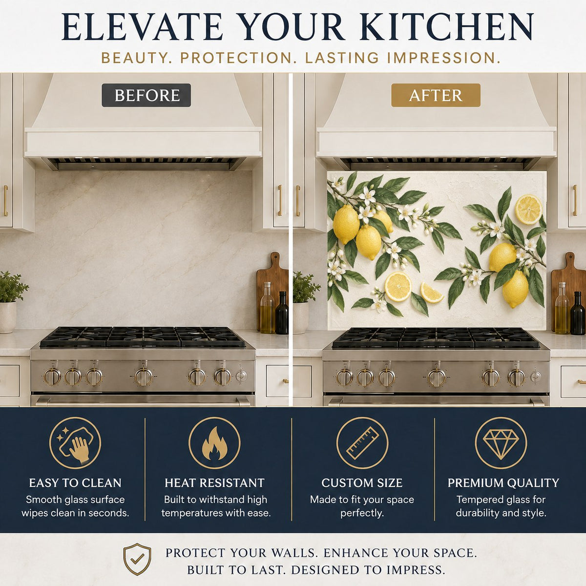 Bright kitchen sink wall featuring a vibrant lemon blossom glass backsplash