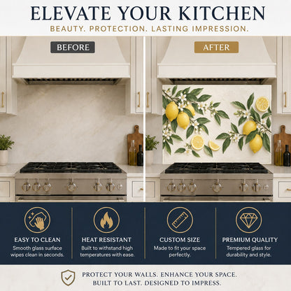 Bright kitchen sink wall featuring a vibrant lemon blossom glass backsplash