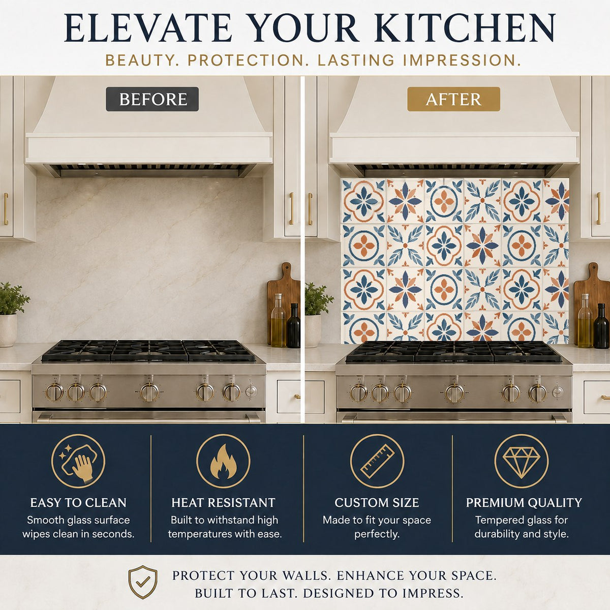 Close-up of Mediterranean tile glass backsplash panel protecting a kitchen sink wall