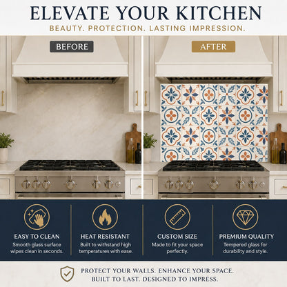 Close-up of Mediterranean tile glass backsplash panel protecting a kitchen sink wall