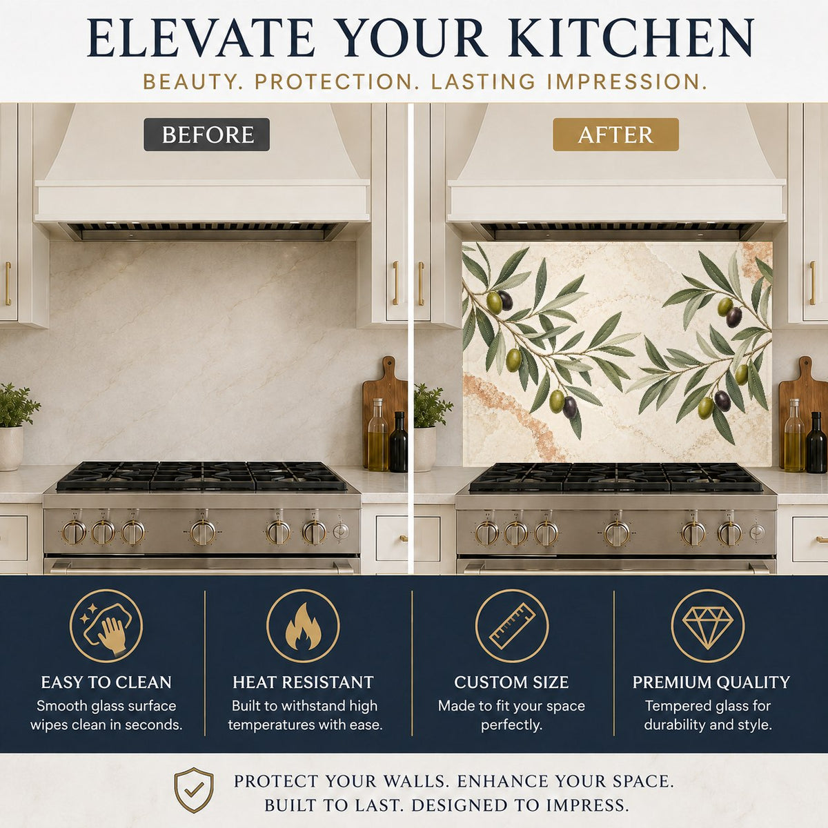 Olive branch design glass kitchen backsplash protecting the wall behind a farmhouse sink