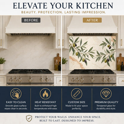 Olive branch design glass kitchen backsplash protecting the wall behind a farmhouse sink