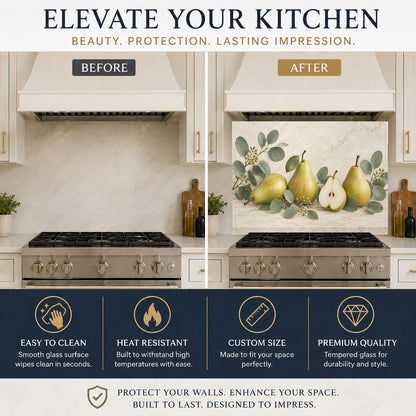 Eucalyptus and pear themed glass kitchen backsplash behind a farmhouse sink wall