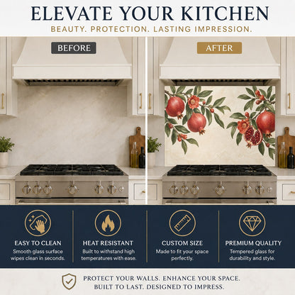 Kitchen sink wall featuring a vibrant pomegranate branch glass backsplash