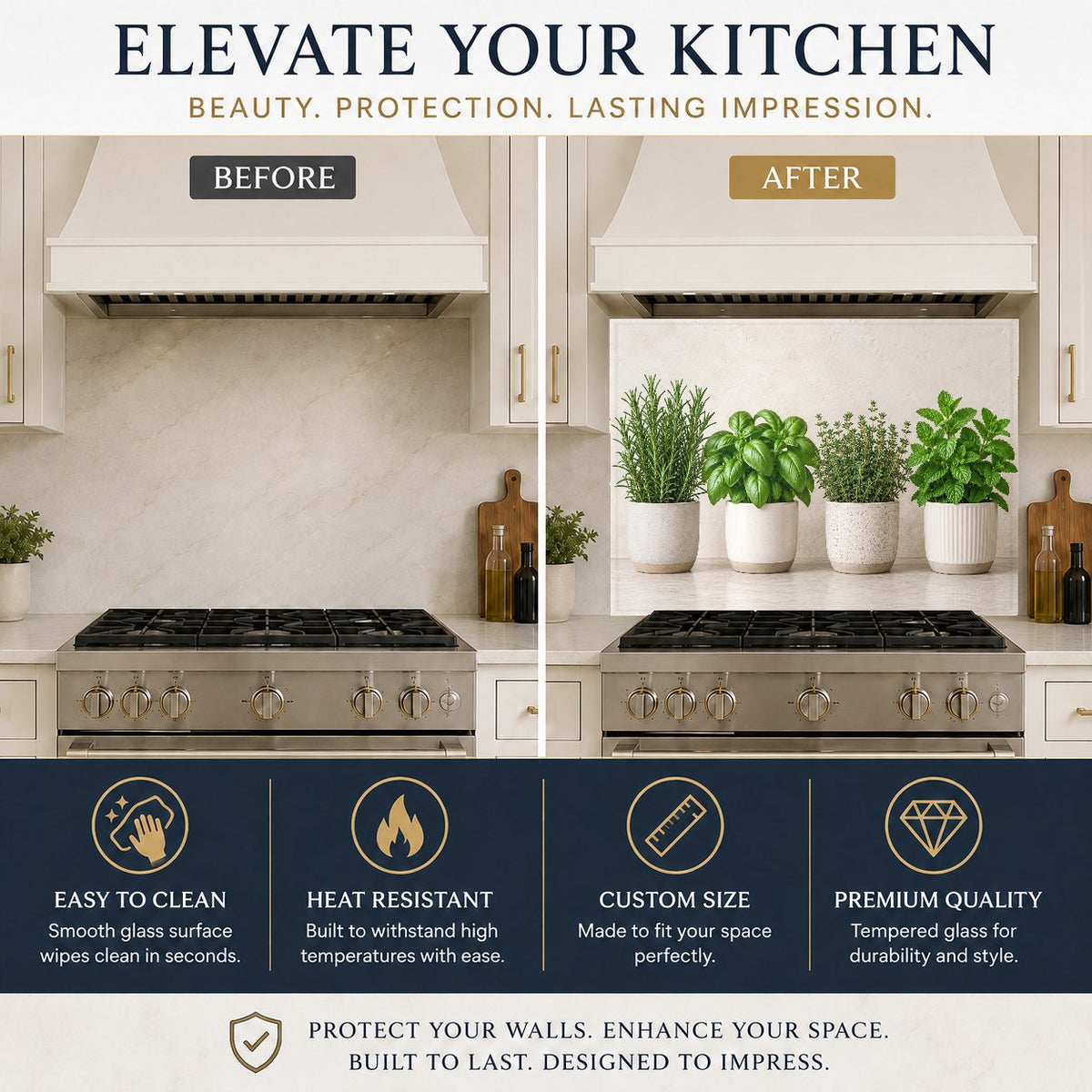 Fresh herbs glass backsplash behind a stainless steel kitchen range