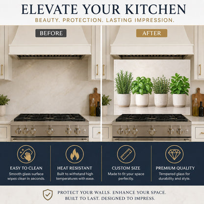 Fresh herbs glass backsplash behind a stainless steel kitchen range