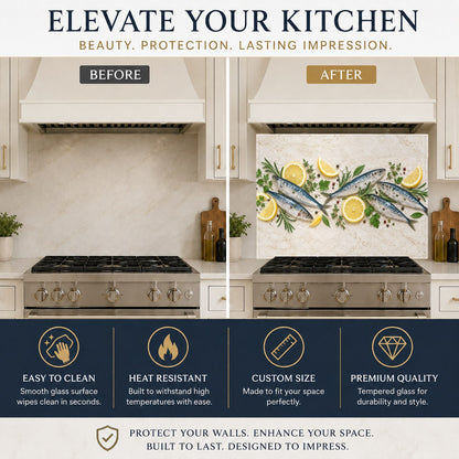 Tempered glass kitchen backsplash featuring mediterranean motifs behind a modern kitchen sink