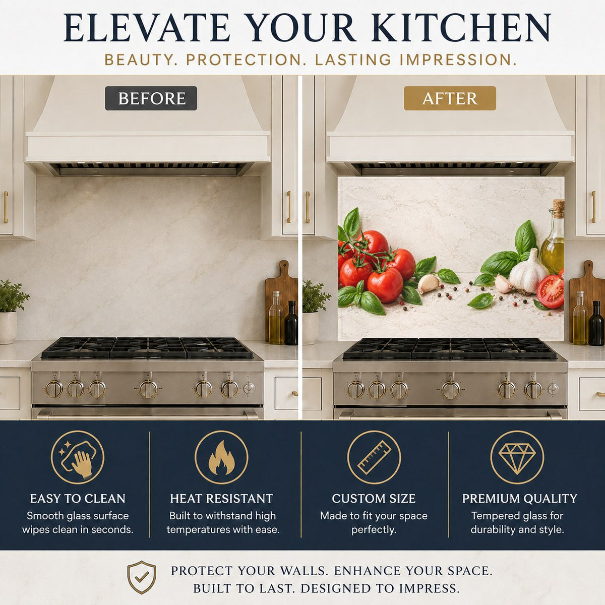 Tempered glass kitchen backsplash featuring rich red tomatoes behind a cooktop