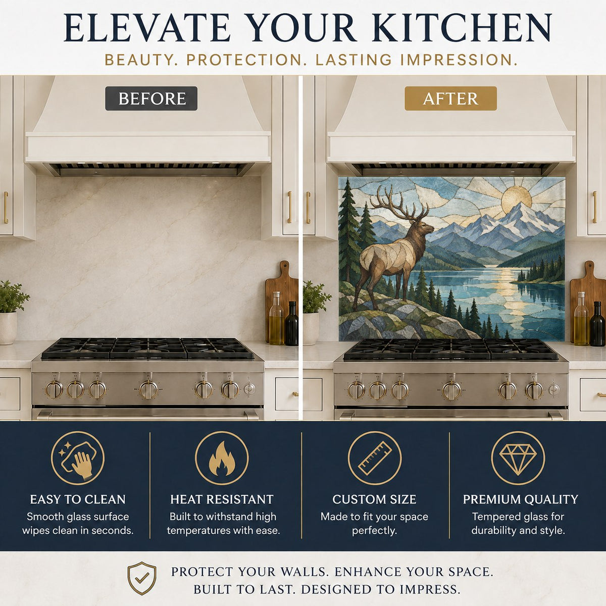 Rustic nature-themed glass backsplash featuring an elk by the river, positioned above a farmhouse kitchen sink.