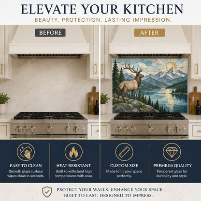 Rustic nature-themed glass backsplash featuring an elk by the river, positioned above a farmhouse kitchen sink.