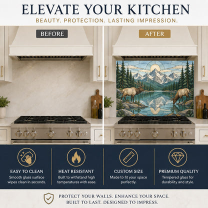 Tempered glass backsplash with mountain landscape and deer design on a kitchen sink wall under warm cabinetry lighting.