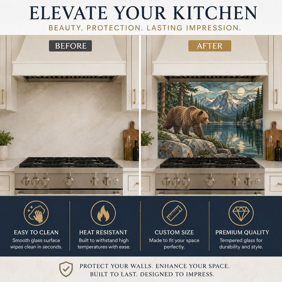 Nature-inspired mountain bear glass backsplash protecting the wall behind a kitchen sink with modern black faucet.