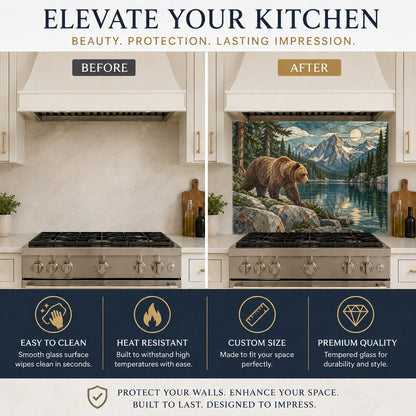 Nature-inspired mountain bear glass backsplash protecting the wall behind a kitchen sink with modern black faucet.