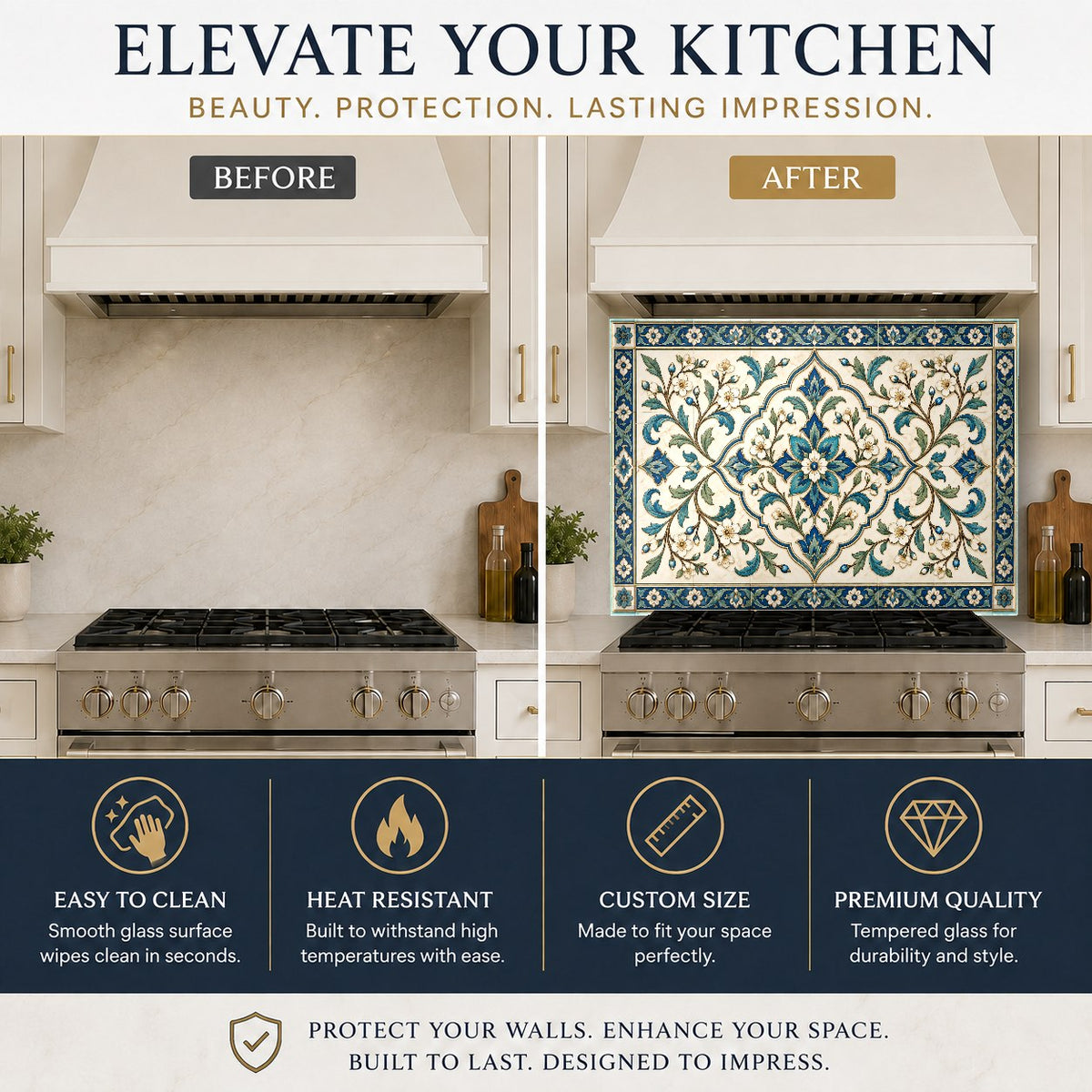 Elegant tile look tempered glass stove splash guard protecting the wall behind an induction cooktop.
