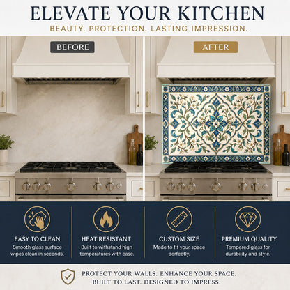 Elegant tile look tempered glass stove splash guard protecting the wall behind an induction cooktop.
