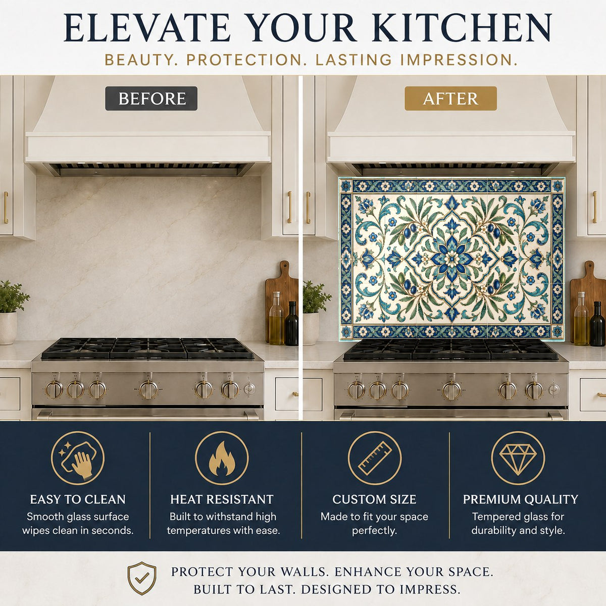 Kitchen glass backsplash protecting the wall behind a stainless steel kitchen range