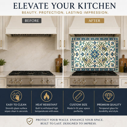 Kitchen glass backsplash protecting the wall behind a stainless steel kitchen range