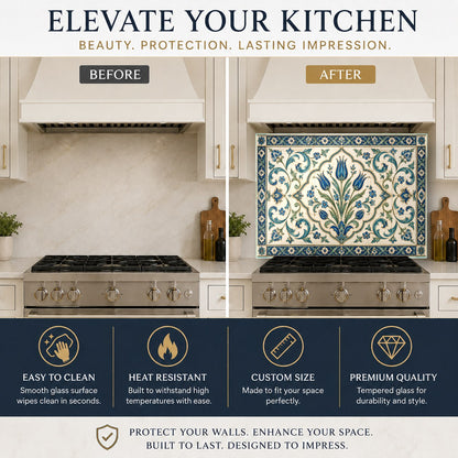 Vibrant Anatolian tile glass kitchen backsplash mounted on a modern kitchen sink wall