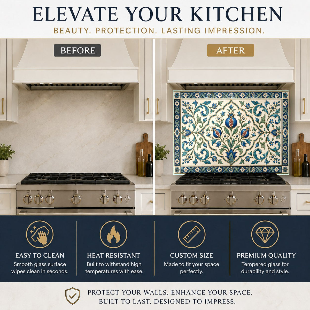 Waterbrush-style woodland trees glass backsplash behind a sleek kitchen sink with black hardware.