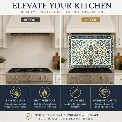 Waterbrush-style woodland trees glass backsplash behind a sleek kitchen sink with black hardware.