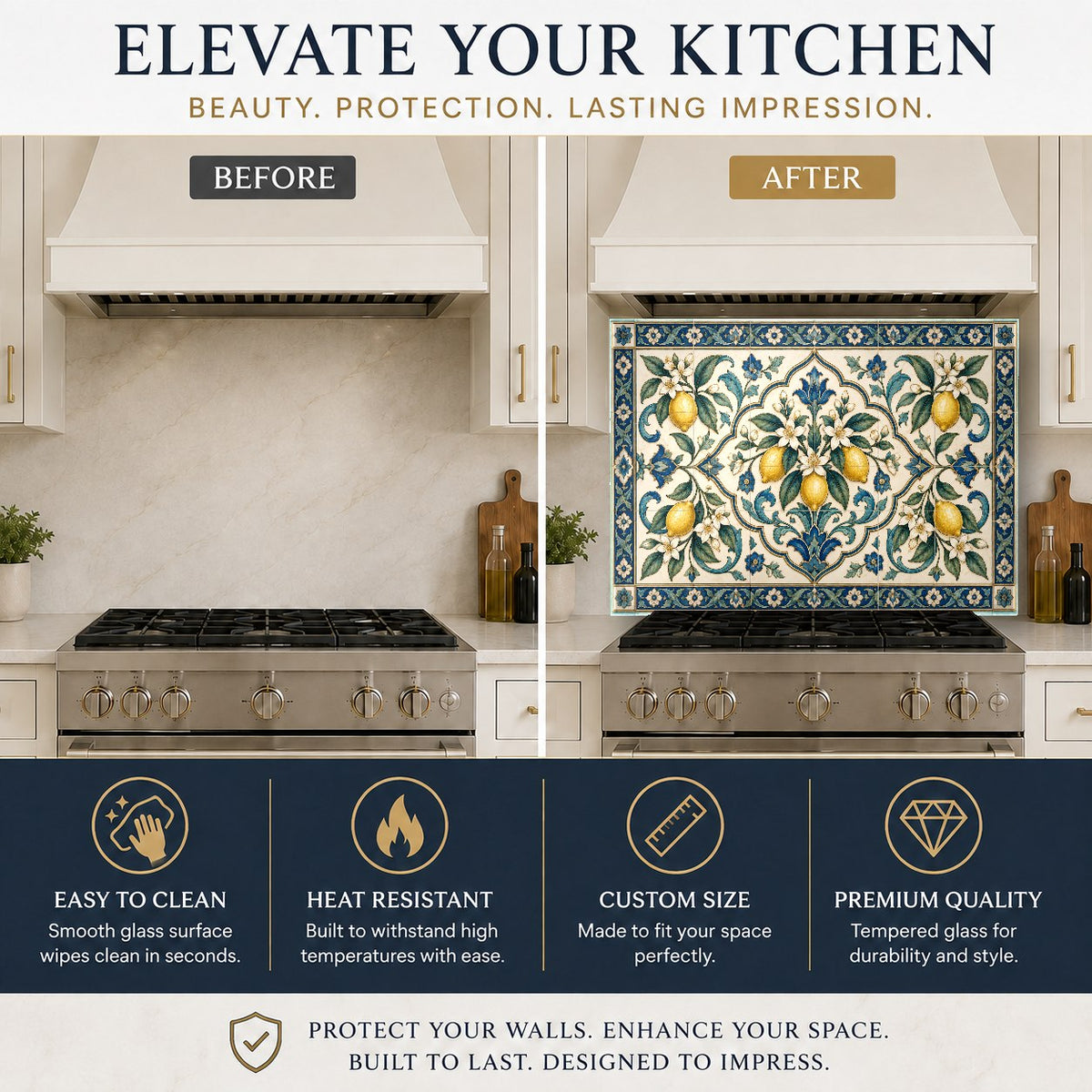 Bright citrus tile glass backsplash panel on a modern kitchen sink wall