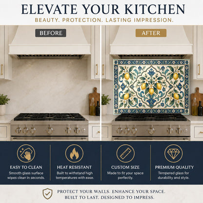 Bright citrus tile glass backsplash panel on a modern kitchen sink wall
