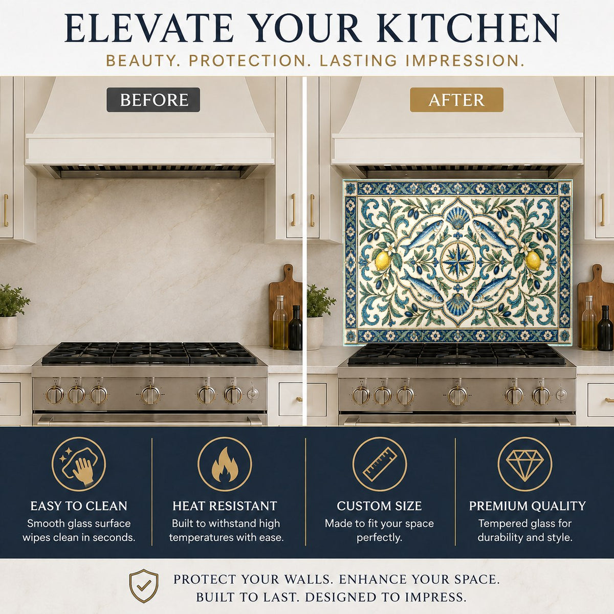 Wbs (371) heat-resistant glass backsplash protecting a kitchen cooktop wall