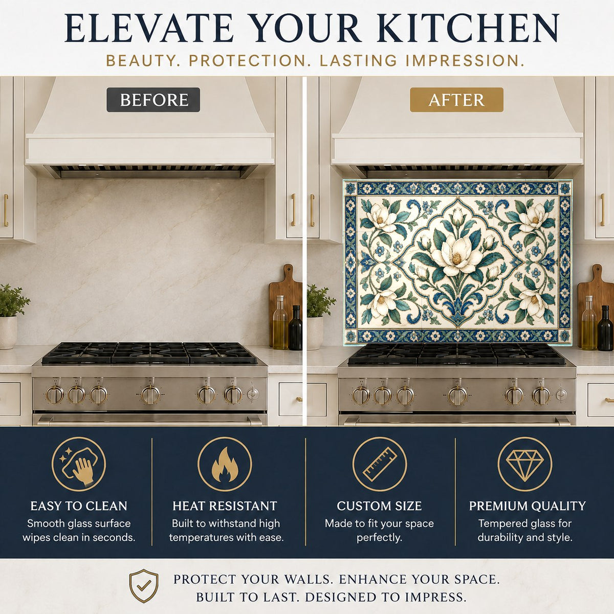 Mediterranean Grace glass backsplash protecting the wall behind a kitchen sink