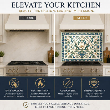 Mediterranean Grace glass backsplash protecting the wall behind a kitchen sink