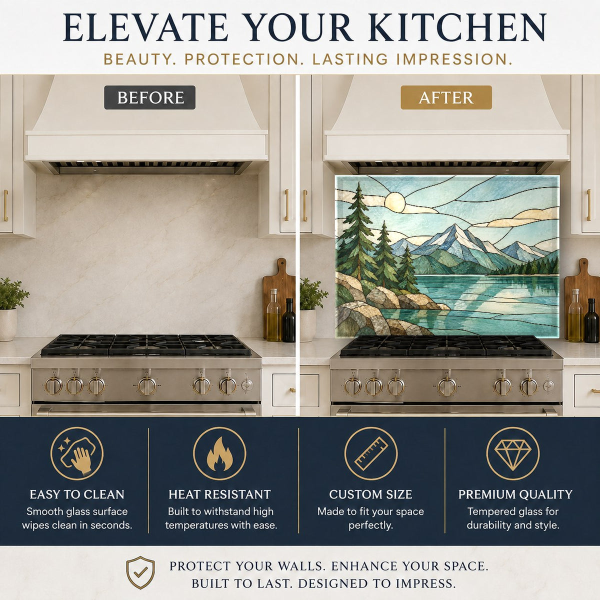 Lakehouse kitchen backsplash featuring stained glass water and mountain scenery