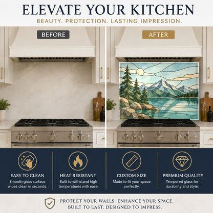 Lakehouse kitchen backsplash featuring stained glass water and mountain scenery