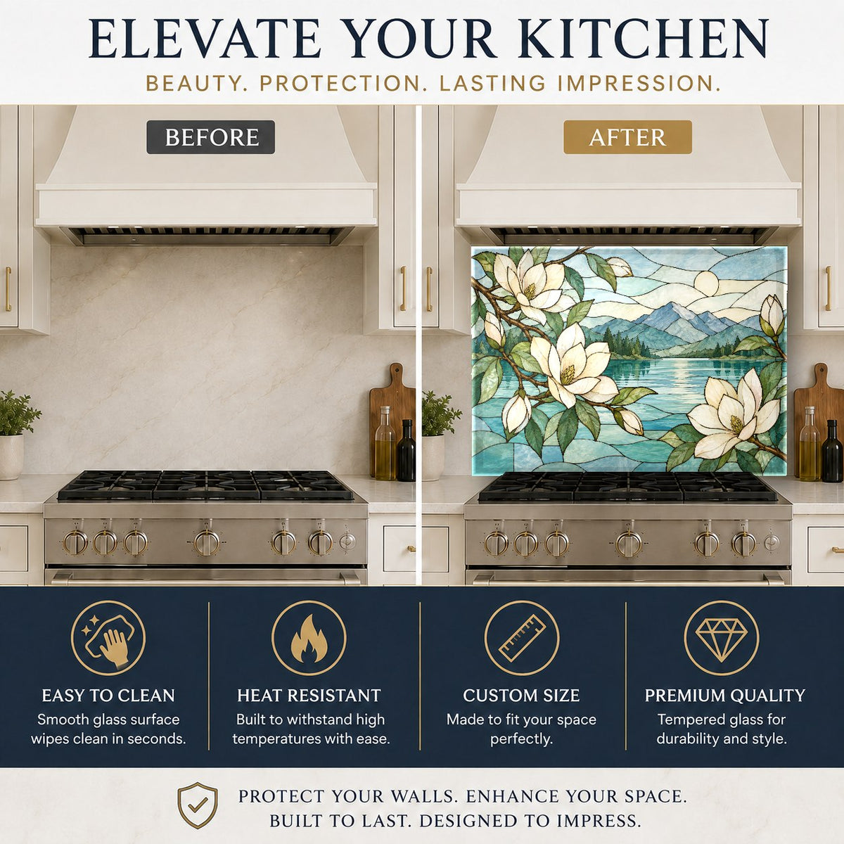 Botanical stained glass look kitchen backsplash protecting sink wall