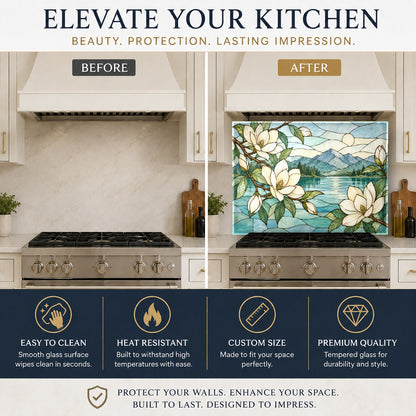Botanical stained glass look kitchen backsplash protecting sink wall