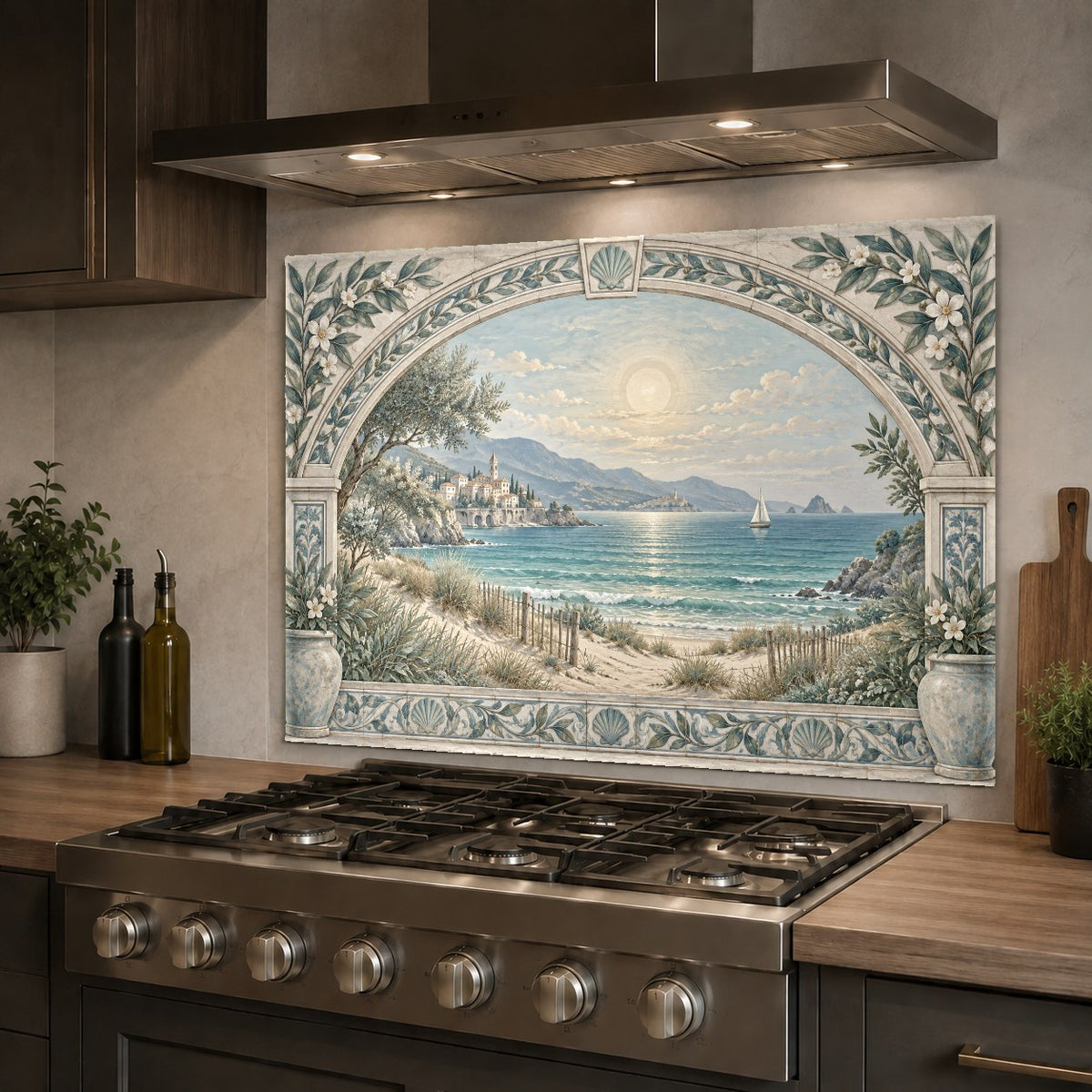 A scenic Mediterranean archway kitchen backsplash panel mounted on a light blue tiled wall behind a sink.