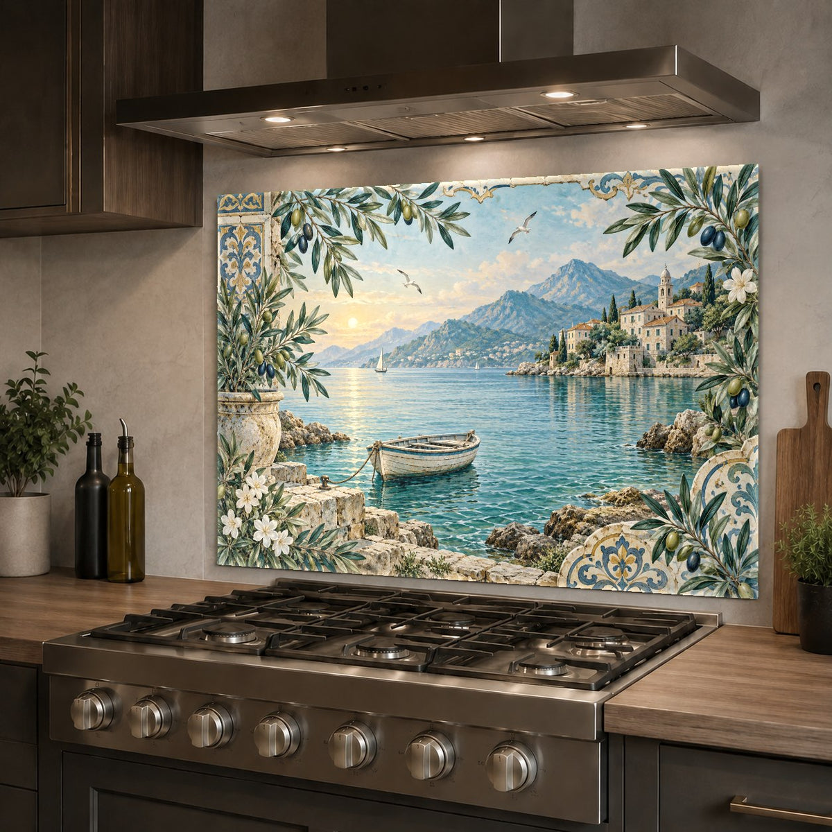 Coastal harbor theme glass backsplash protecting the wall behind a farmhouse kitchen sink.