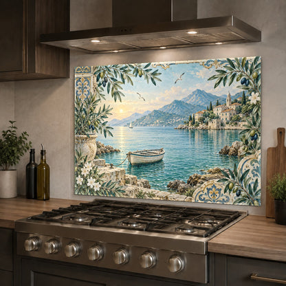 Coastal harbor theme glass backsplash protecting the wall behind a farmhouse kitchen sink.